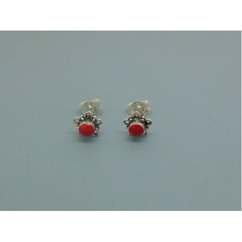 Sterling Silver Flower Studs Red Stone