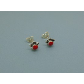 Sterling Silver Flower Studs Red Stone